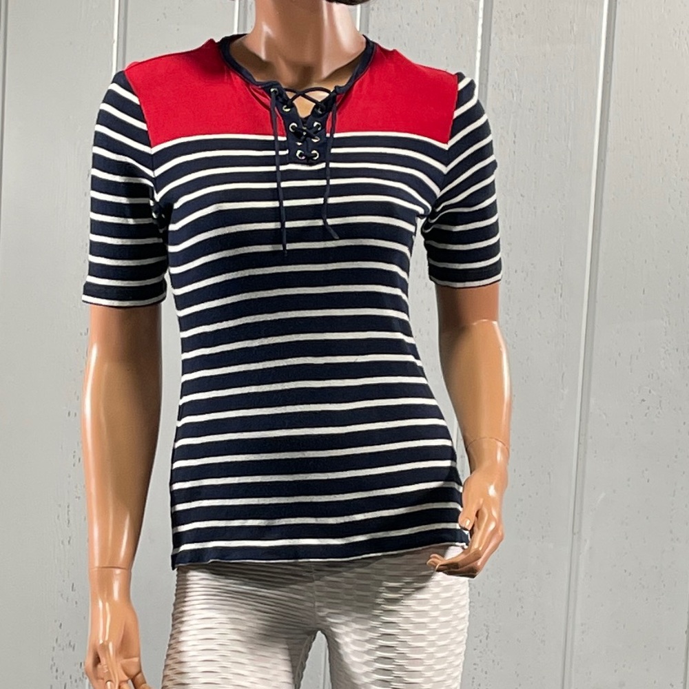 *Chaps Women’s Short Sleeve Red Navy Blue & White Striped Lace Up Top Sz S